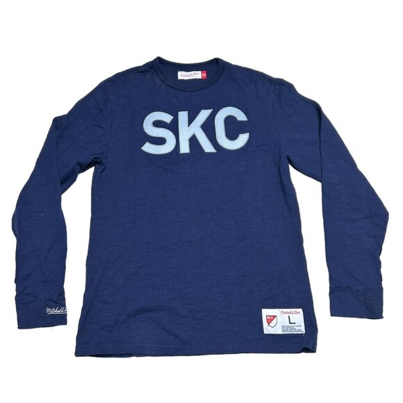 Mitchell & Ness Sporting KC Shirt Adult Large MLS Navy Blue Soccer Long Sleeve - Picture 1 of 10
